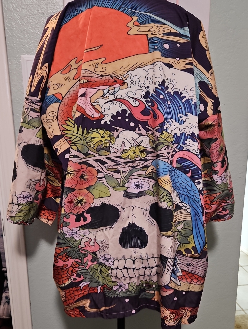 Floral Skull & Parrot Print Kimono Jacket - Multicolor